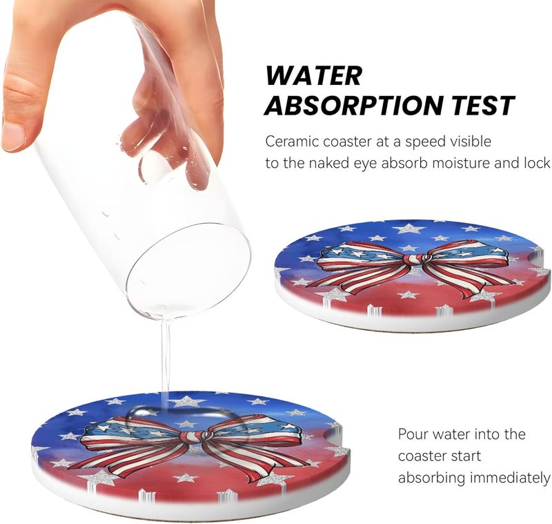 CTVSLFU Absorbent Car Coasters for Cup Holders, 2 Pack Universal Anti Slip Ceramic Cup Coaster for Women Men 2.56 Inch Car Interior Accessories - Bow Tie Stars and Stripes 019 - Image 4